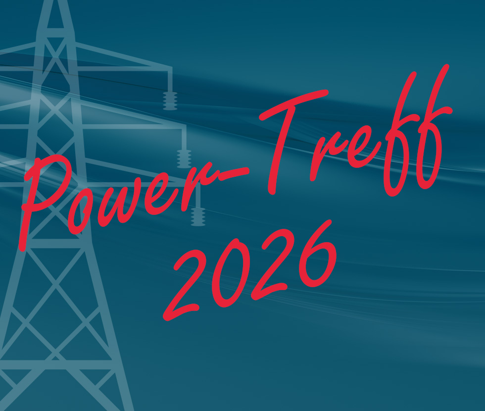 Blue banner with a pale outline of a power transmission tower and red cursive text 'Power-Treff 2026'.