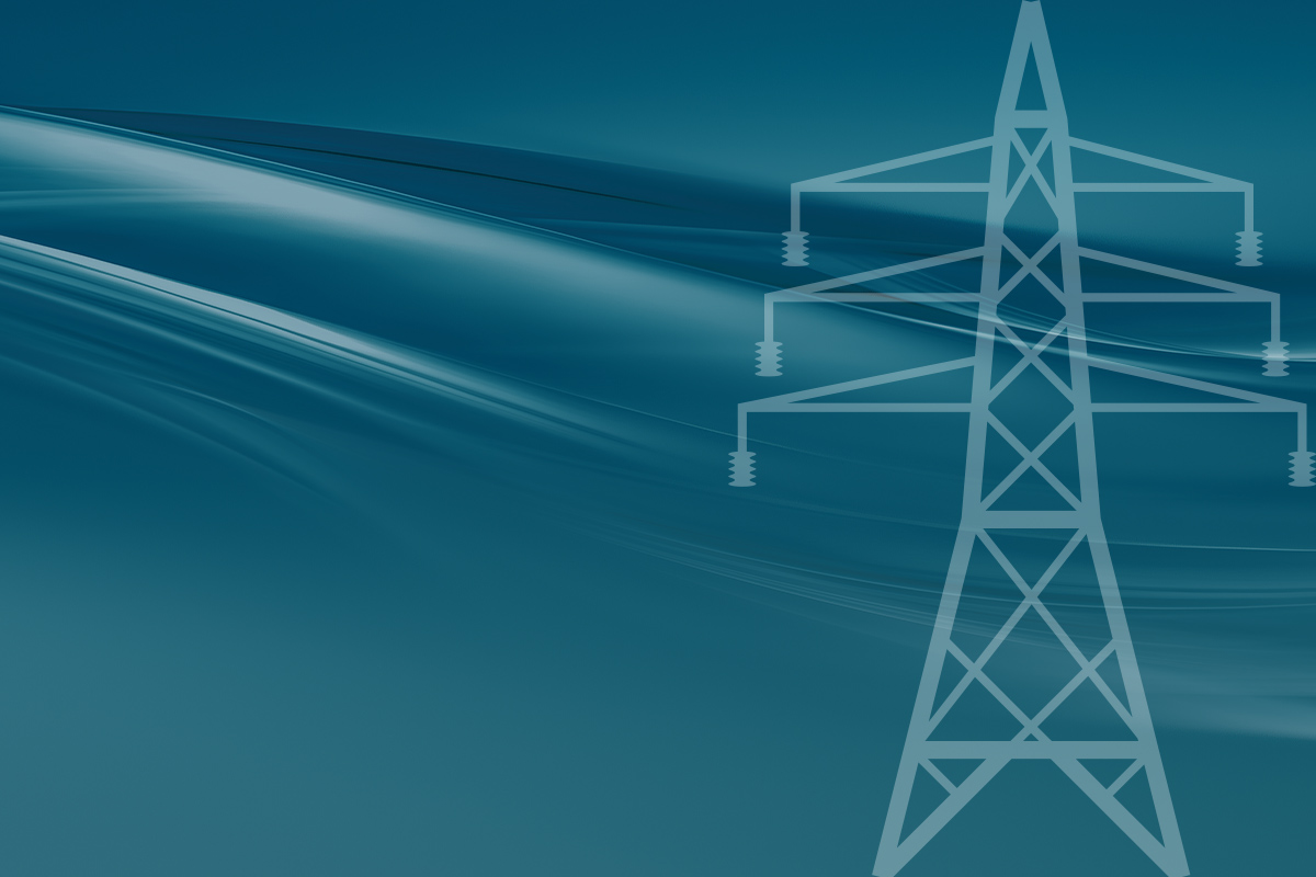 Outline of a high-voltage electricity transmission tower against a teal-blue background with power lines