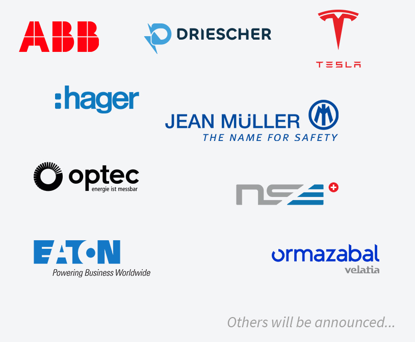 Collage of logos from ABB, Driescher, Tesla, Hager, Jean Müller, Optec, NEZ, Eaton, Ormazabal; Others will be announced.